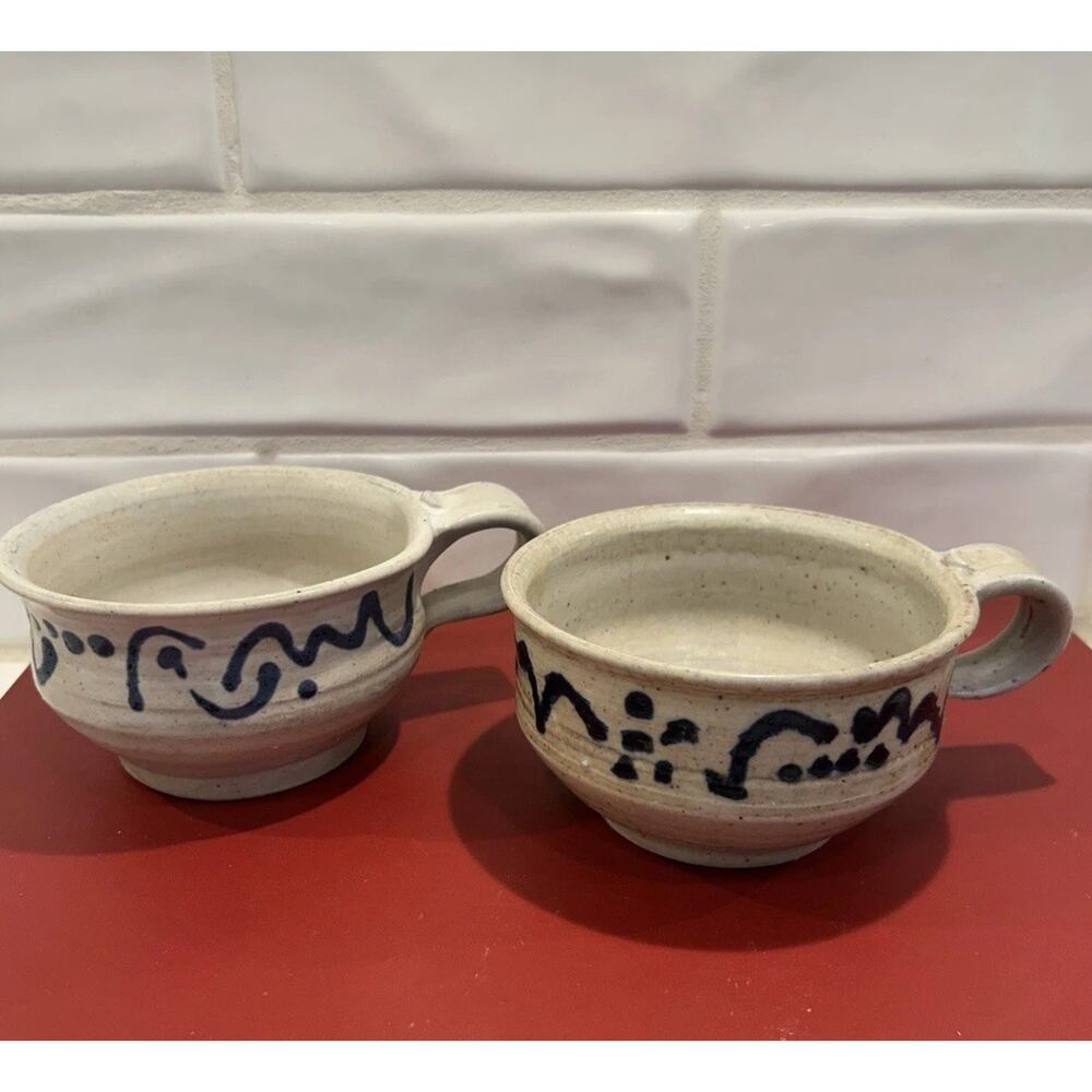 Cobble Hill Pottery Set Of 2 Stoneware Soup Bowls Speckled Blue Abstract Design - Picture 3 of 9
